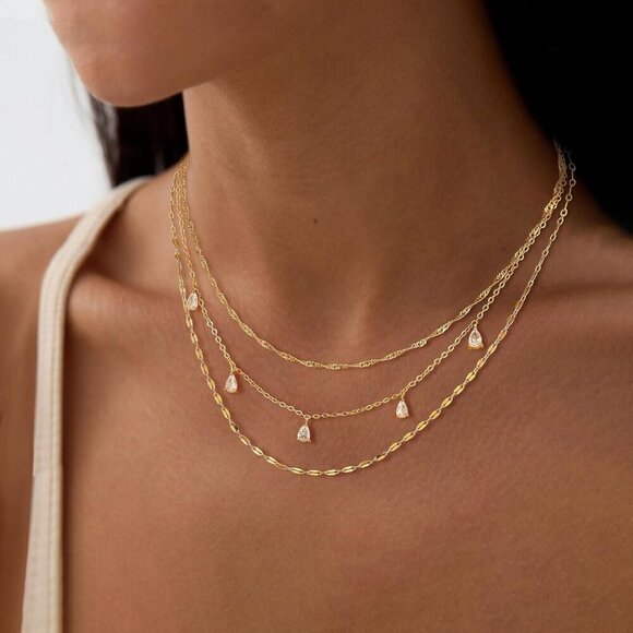 Layered Necklaces for Women Gold Plated Dainty Cubic Zirconia Choker Jewelry - Picture 2 of 6